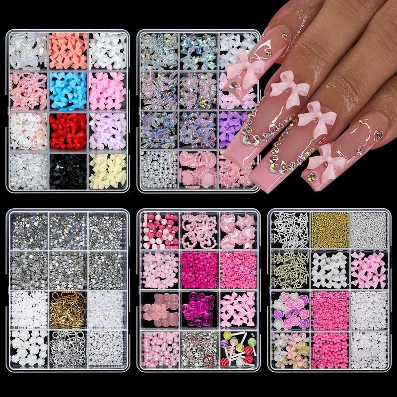 12 Grid Mixed 3D Color Resin Bow Pearl Heart Flat Back Diamond Nail Art Decorations