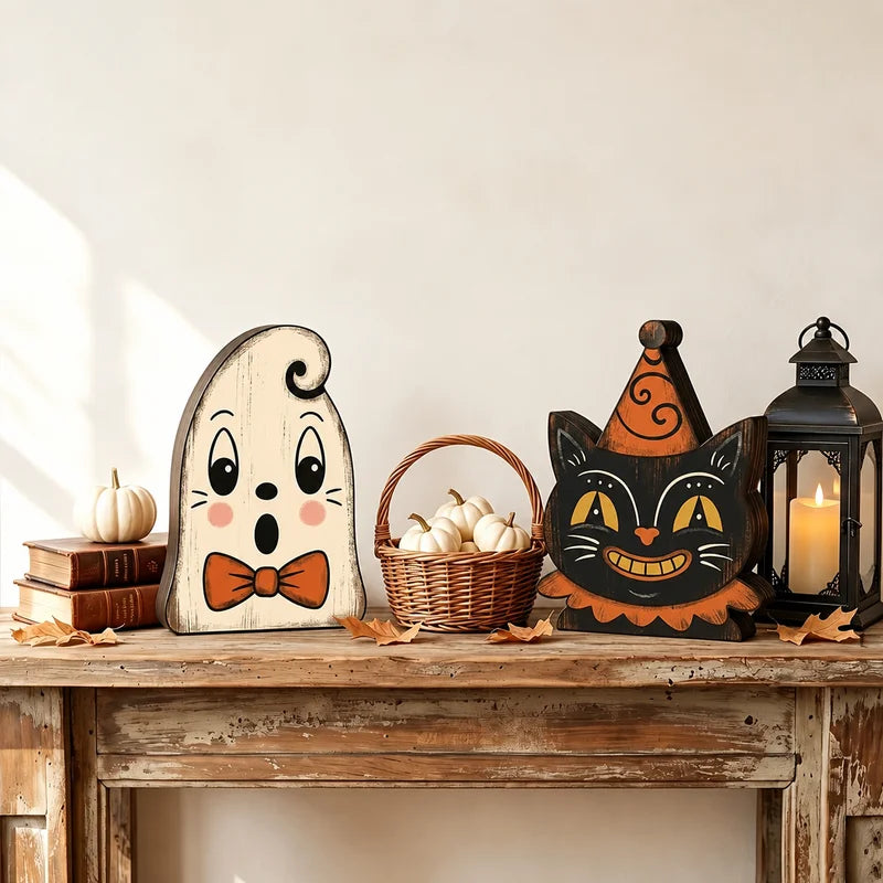 Halloween Wooden Tabletop Sign - Indoor Decor with Ghost Pumpkin Cat Skeleton Owl Housewarming Gift