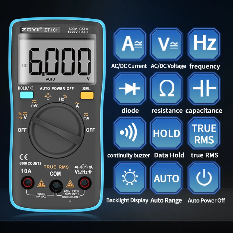 Digital Multimeter with Auto-Ranging & Anti-Burn Protection for Electrical Repair - Model ZT-101