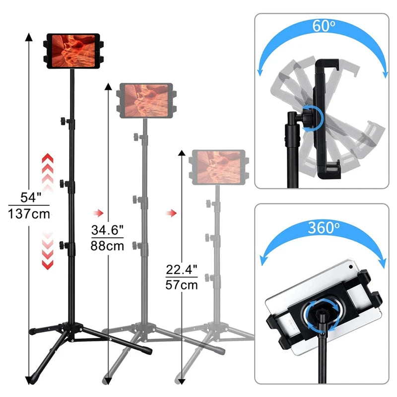 Adjustable Floor Tripod Stand for iPad and Tablets - 4-12.9 Inch Devices, 68-Inch Height, 360° Swivel