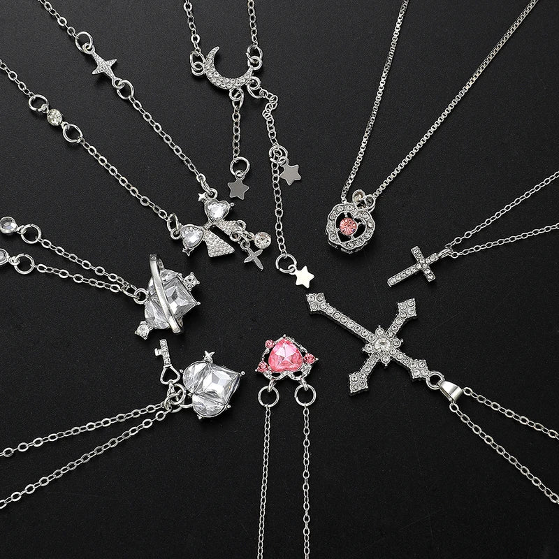 8pcs Y2K Heart Bow Cross Necklace Set for Women - Shiny Clavicle Chain Jewelry