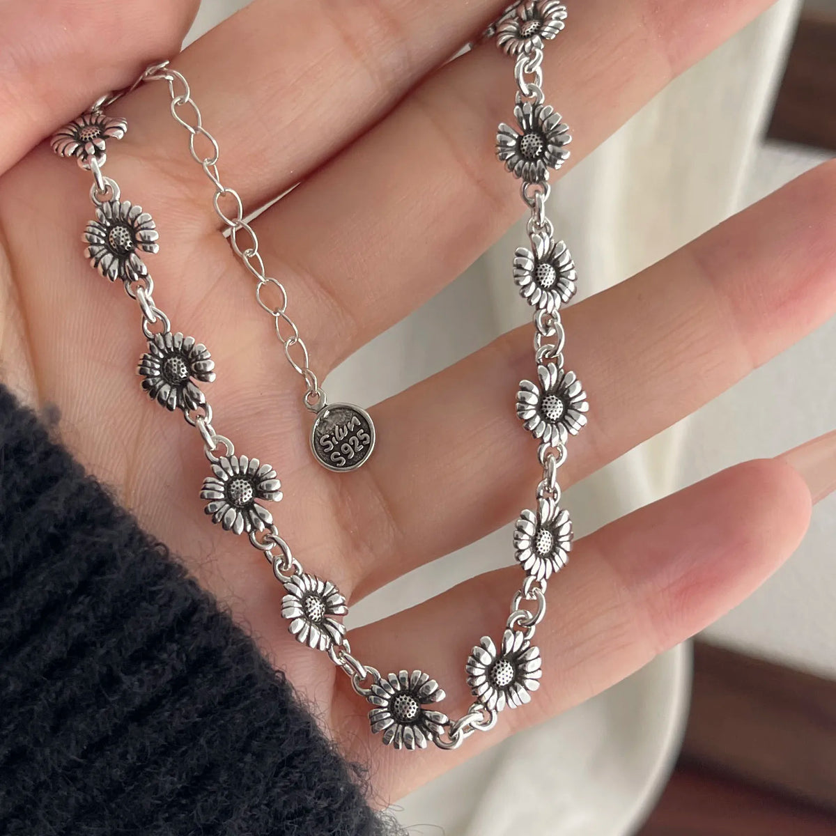 925 Sterling Silver Retro Flower Bracelet for Women & Men Handmade Vintage Jewelry Gift