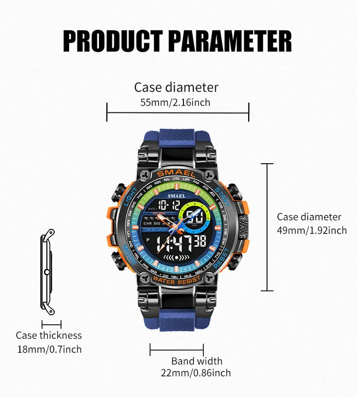 Men's Analog Digital Dual Display Sports Watch - 50M Waterproof Shock Resistant