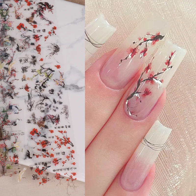 Nail Foils 10pcs Chinese Character Crane Bamboo Flower Plum Design, Transfer Stickers for Nail Art