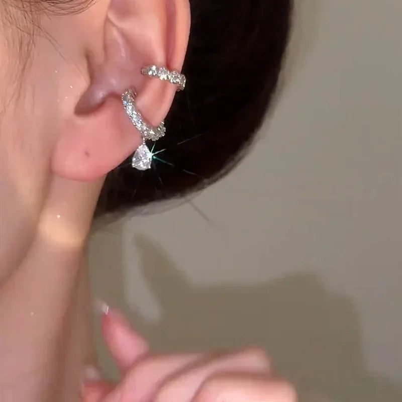 Silver Zirconia Pearl Clip-On Earrings for Women Geometric Ear Cuff Jewelry