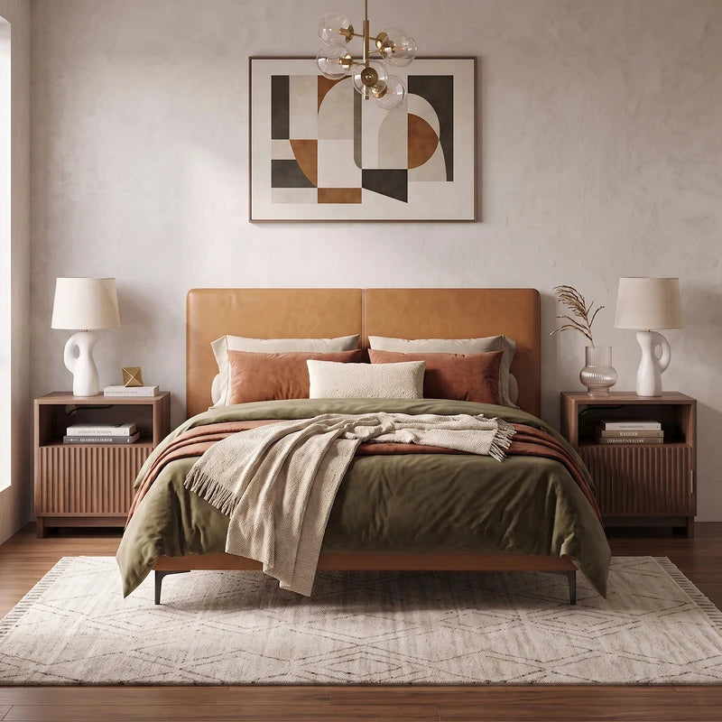 Nightstand with Charging Station, Fluted Wood Side Table with Storage Drawers