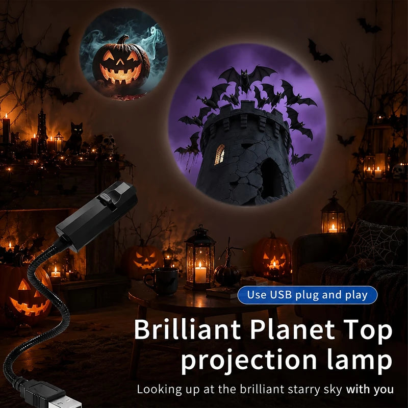 Halloween USB LED Projection Lamp 3/6 Patterns Ghost Bat Skeleton Spider Atmosphere Light