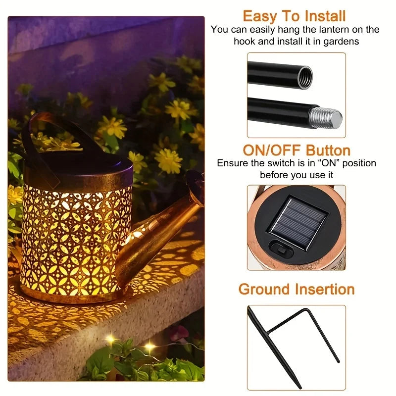 Solar Watering Can Light with Hanging Shepherd Hook Waterproof Garden Decor