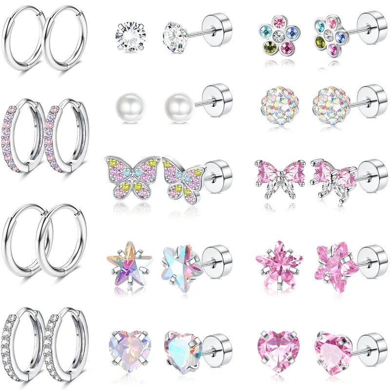 Women’s Surgical Steel Flower Butterfly Heart Stud Hoop Earrings Jewelry Gift