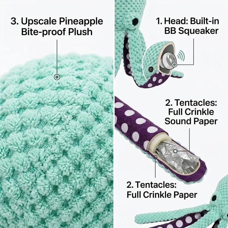 Squeaky Octopus Dog Toy with Plush Pineapple Design, Crinkle Tentacles & Squeaker for Small Medium Dogs