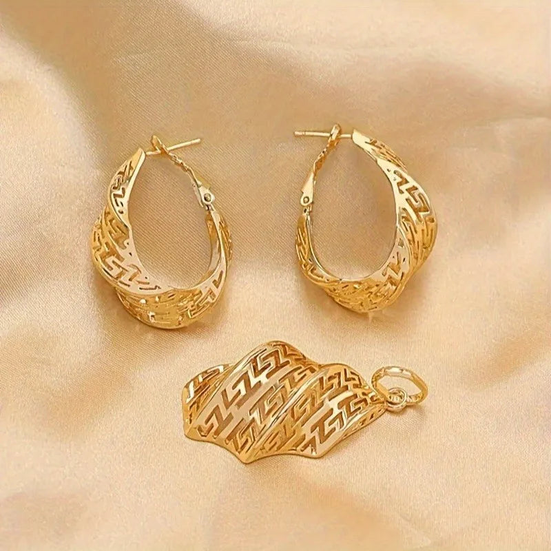 Gold Necklace Jewelry Set for Women Hollow Pendant Earrings Wedding Gift