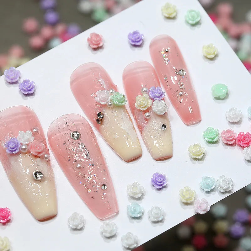 Mini 4mm Colorful Camellia Rose Resin Nail Art Flowers - Rhinestones & Decorations