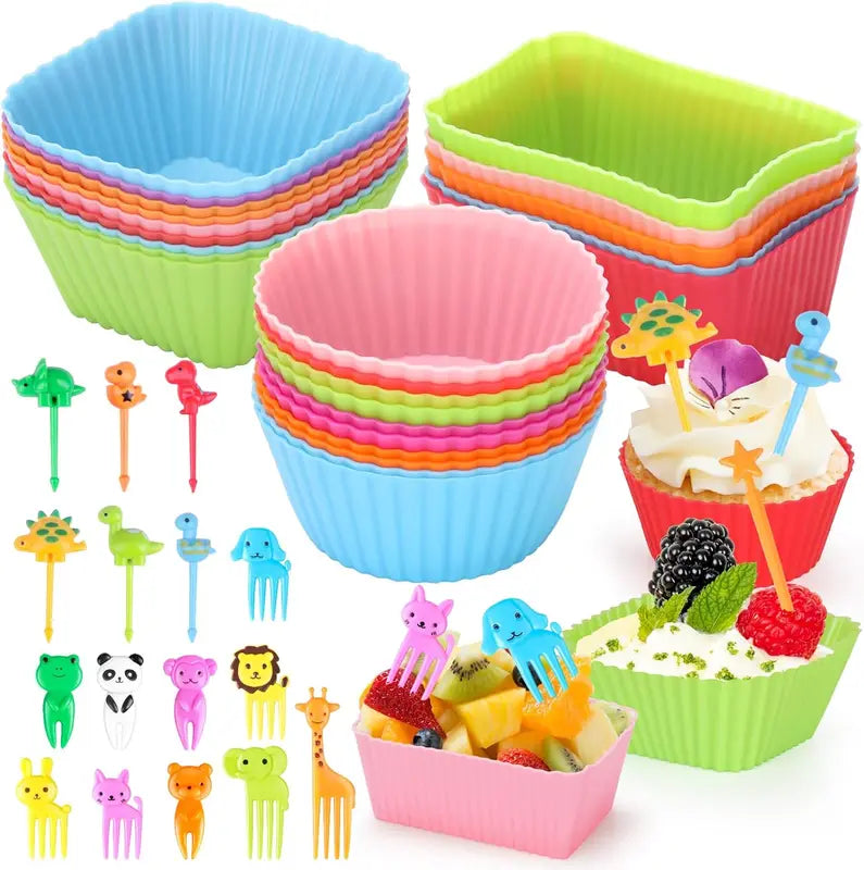 Kids Bento Lunch Box Accessories with Silicone Cupcake Liners, Fruit Forks and Toothpicks
