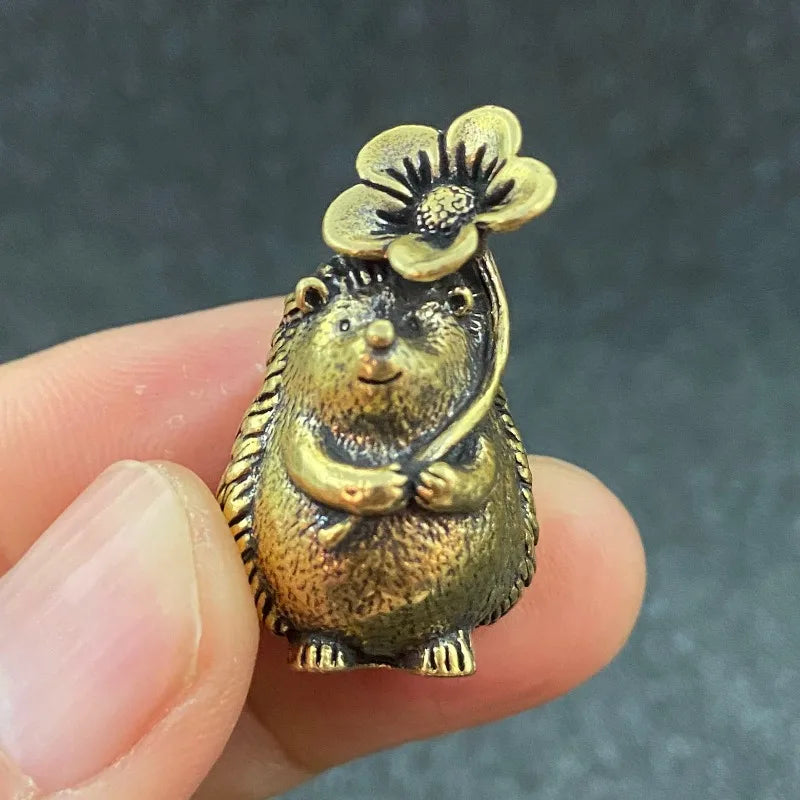 Brass Hedgehog Figurine Set - Collectible Animal Statue with Leaves & Flowers