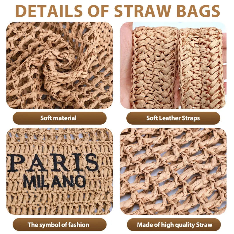 Women Straw Beach Bag Handmade Woven Tote Large Capacity Summer Shoulder Bag