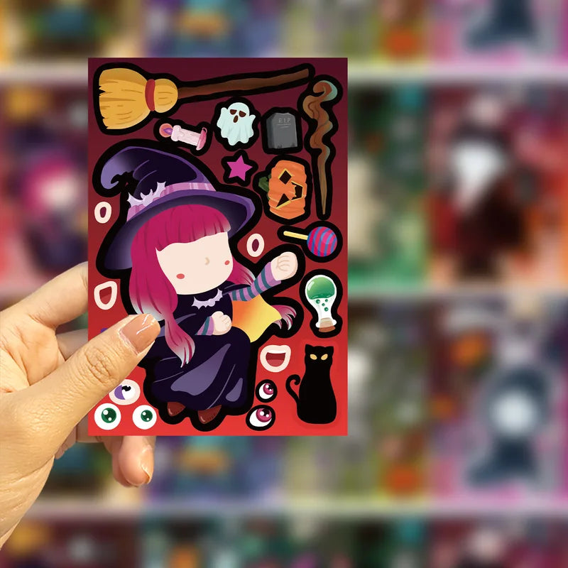 8Sheets Cartoon Halloween Puzzle Stickers Make-A-Face DIY Children's Waterproof Decals