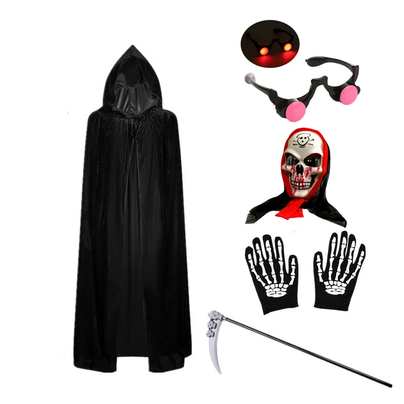 Kids Halloween Grim Reaper Costume with Robe Scythe & Glowing Glasses