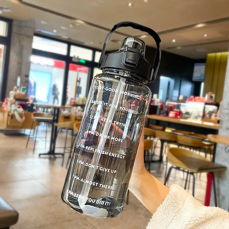 Large 2L Plastic Water Bottle with Motivational Time Markers & Silicone Straw