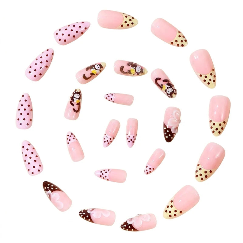 24PCS Cute Cartoon Monkey Press On Nails Pink Almond French Style Fake Nails