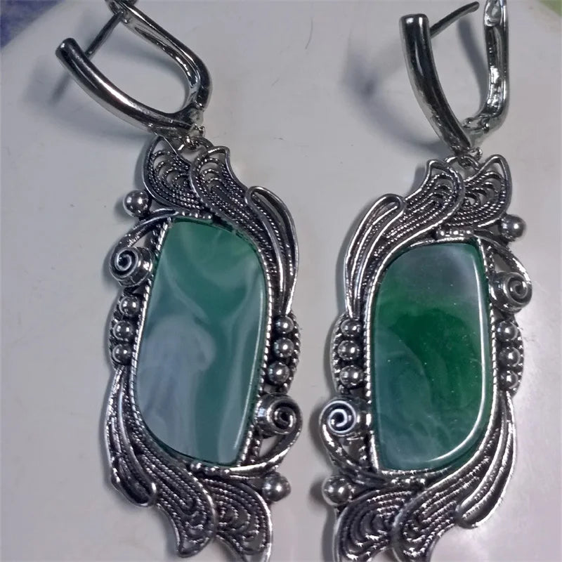 Vintage Green Stone Earrings Geometric Flower Silver Dangle Jewelry for Women