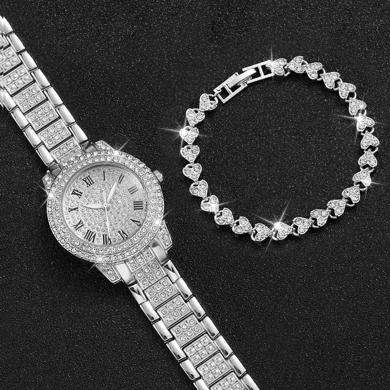 Women's Luxury Rhinestone Stainless Steel Quartz Watch and Heart Bracelet Set
