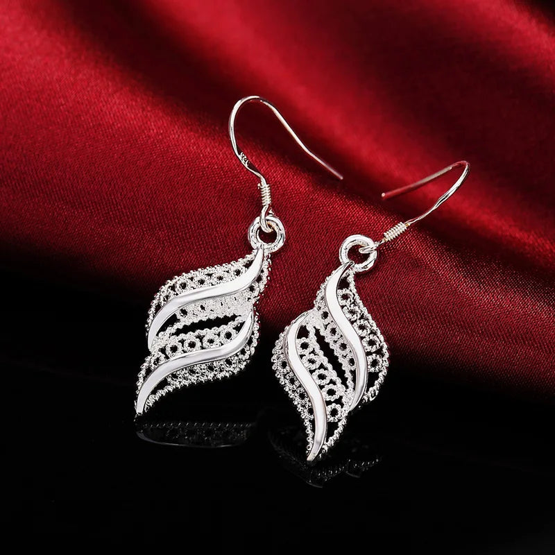 Sterling Silver Leaf Necklace and Earrings Jewelry Set for Women - Retro Elegant Design