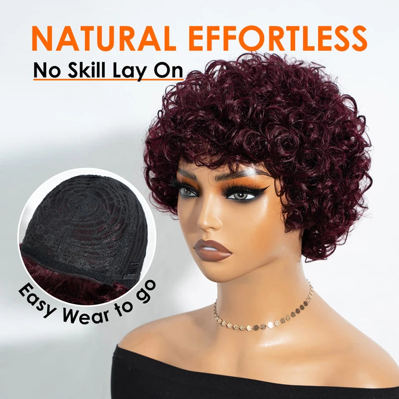 Debut Short Pixie Afro Curly Wigs for Black Women - Natural Brown, Glueless, Brazilian Human Hair