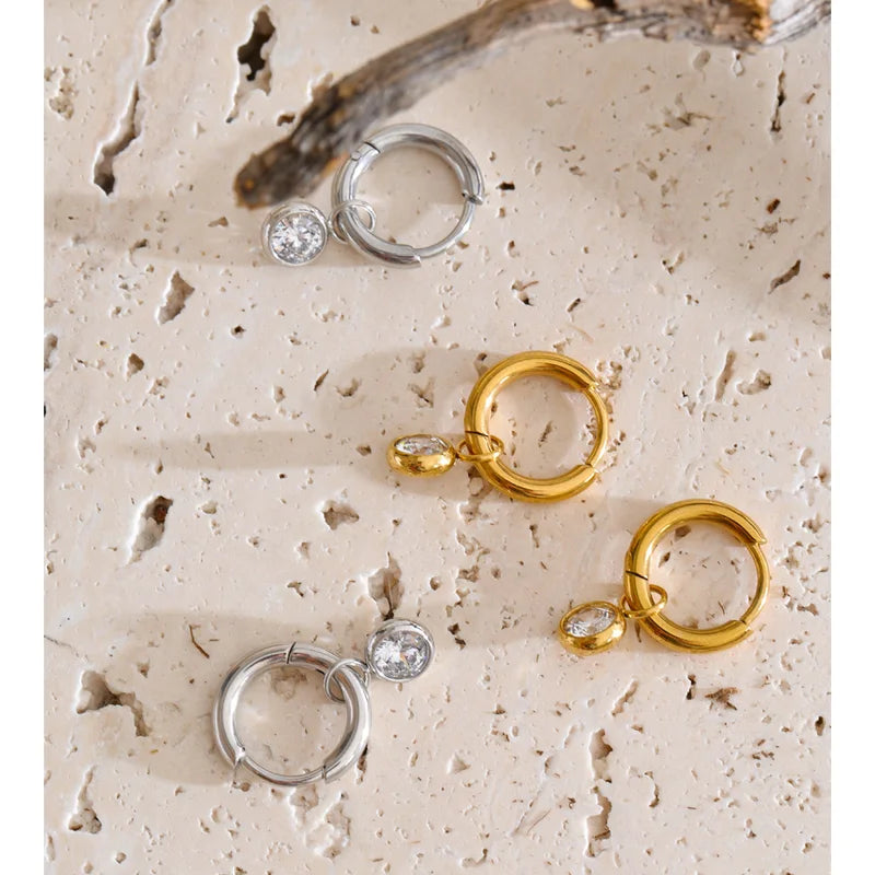 Stainless Steel Zirconia Drop Hoop Earrings - Allergy Friendly Daily Jewelry
