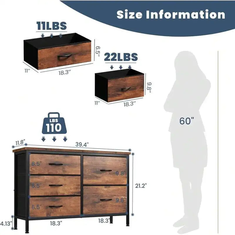 5 Storage Drawers for Living Room and Bedroom - Fabric Dresser with Metal Frame