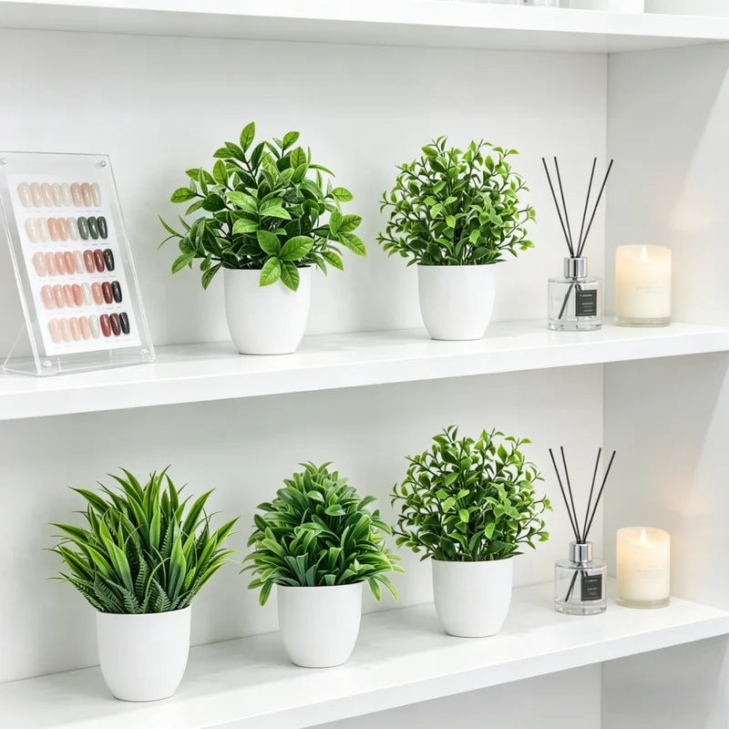 Mini Artificial Potted Plants Set - Indoor Outdoor Decorative Bonsai, Green 4-Pack
