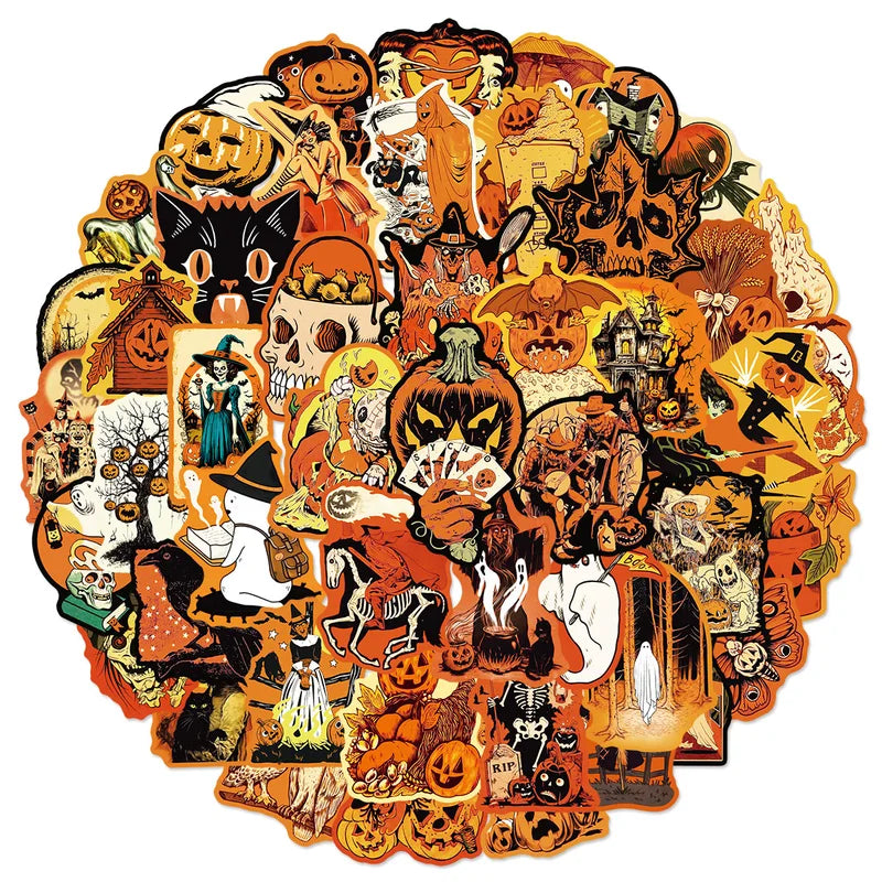 50PCS Halloween Decorative Water Bottle Stickers Waterproof Pumpkin Monster Graffiti