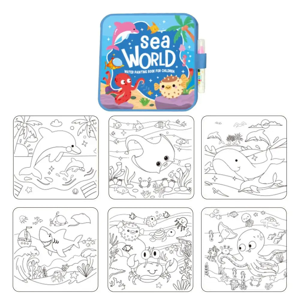 Kids Reusable Water Painting Book with Pen - Animal & Sea World Educational Drawing Pad