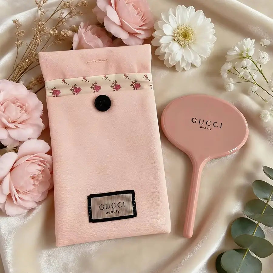 Pink Canvas Cosmetic Travel Pouch with Logo Mirror - Portable Makeup Organizer
