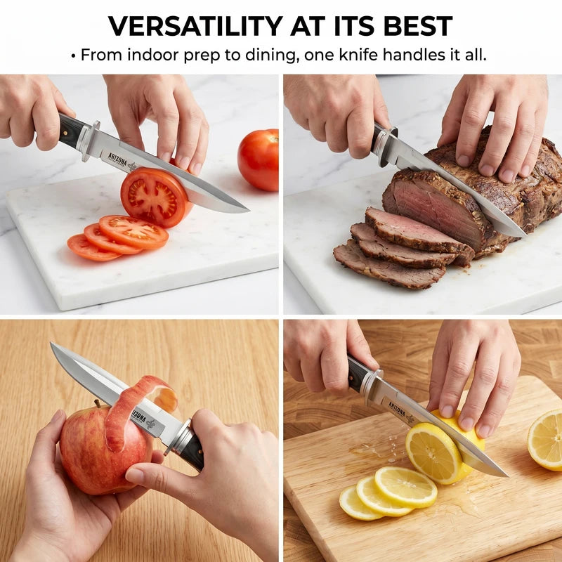 Fixed Blade Kitchen Knife with Leather Sheath - Stainless Steel, Multi-Color