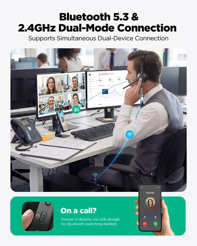 Wireless Headset with Mic for Office & Remote Work Bluetooth & 2.4G