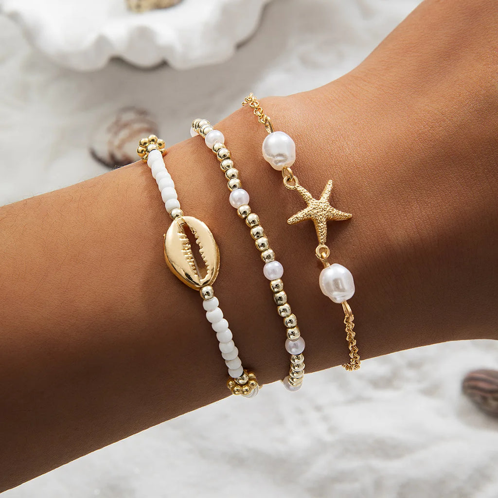 Summer Shell Bracelet Set for Women Boho Starfish Pearl Beads Chain Jewelry Gift