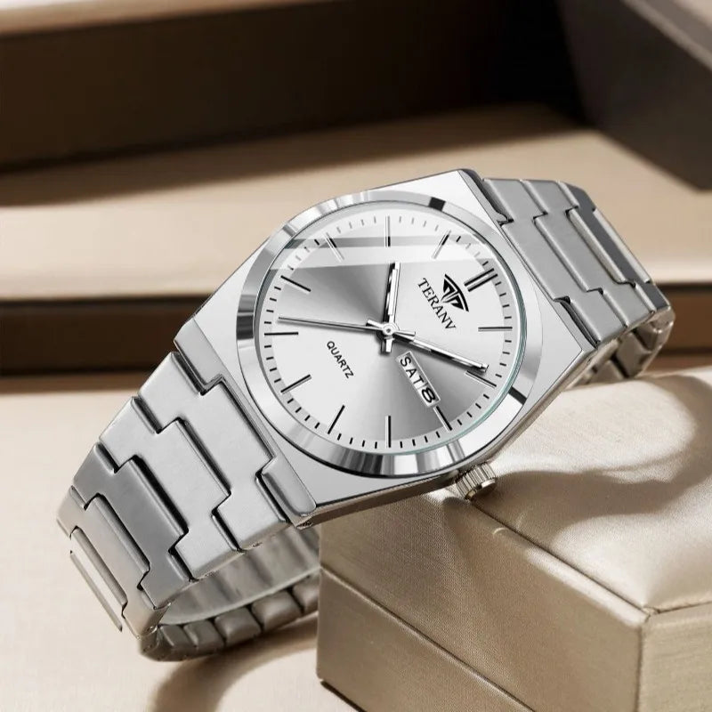 Men's Fashion Quartz Watch with Stainless Steel Case and Calendar Function