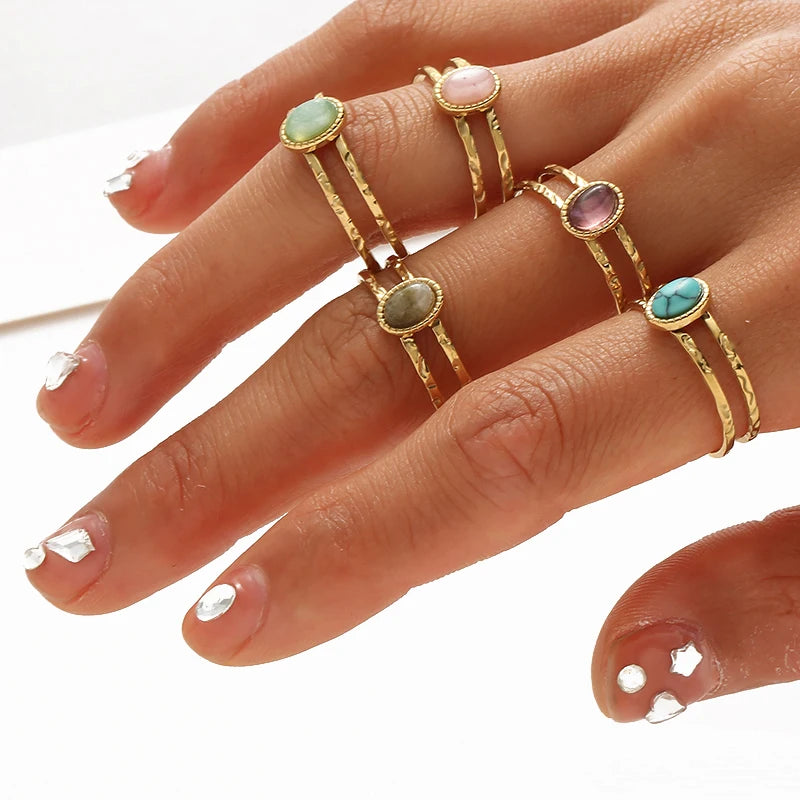 Adjustable Stainless Steel Engagement Ring with Natural Stone for Women – Vintage Style