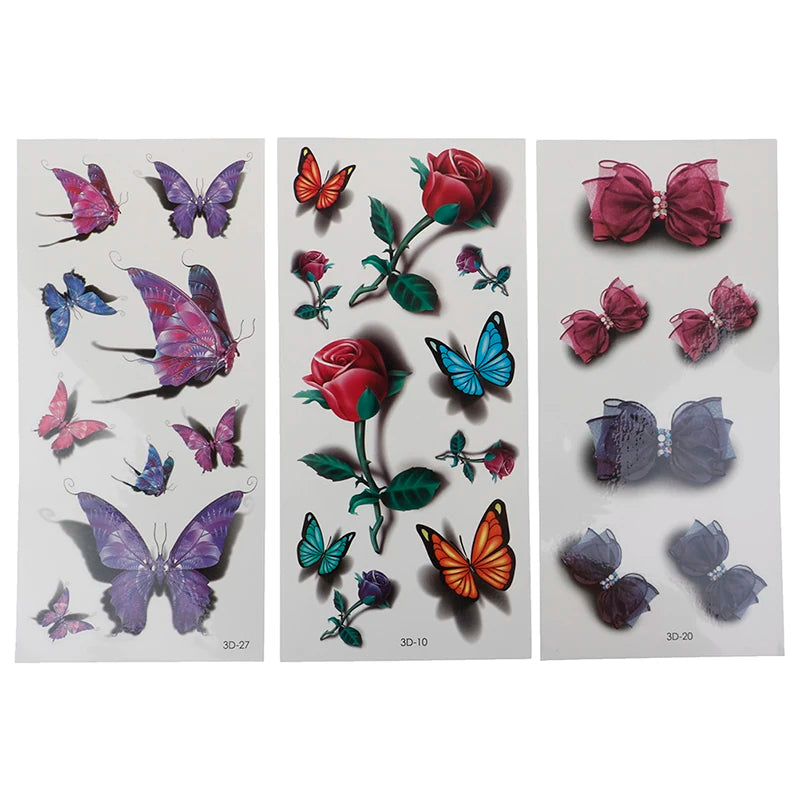 Temporary Tattoo Sticker Set for Women - Waterproof 3D Butterfly Rose Feather Body Art