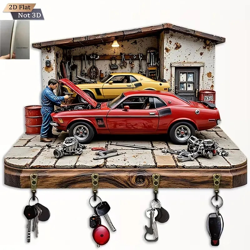 2D Flat Classic Muscle Car Garage Key Holder with 4 Hooks - Wooden Wall Mount Organizer