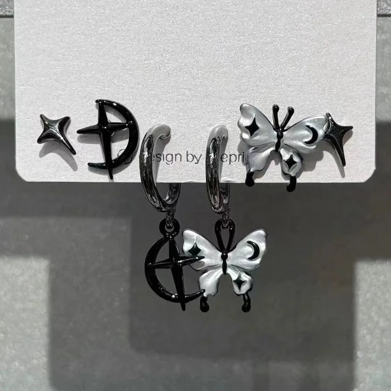 6-Piece Trendy Dark Butterfly Heart Star Cross Zircon Earrings Set for Women