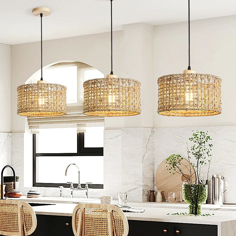 Wicker Rattan Pendant Light Fixture for Kitchen & Living Room Home Decor