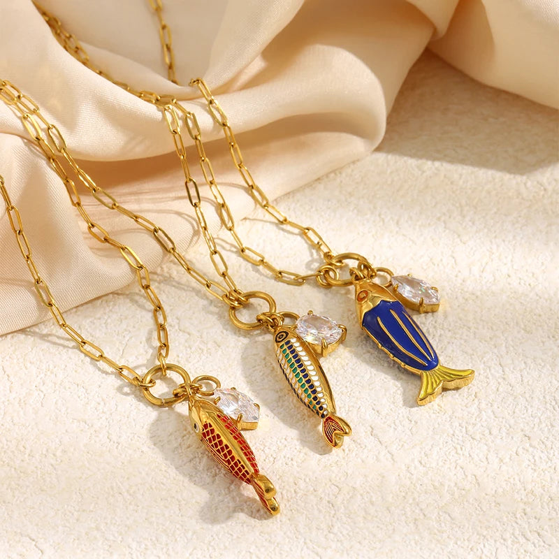 Vintage Fish Pendant Necklace Zircon Oil Drop Charm Jewelry Tarnish-Free
