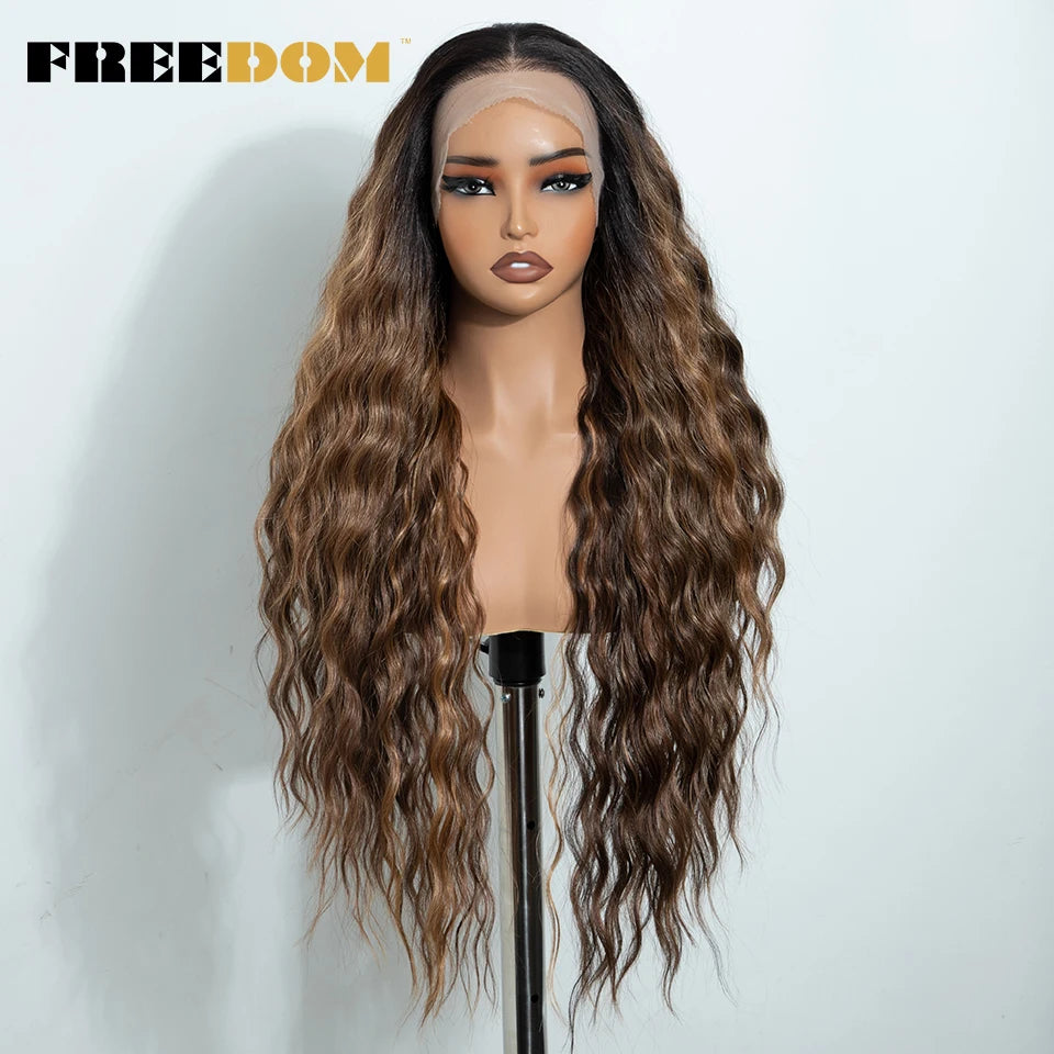 Curly Synthetic Lace Front Wig for Women 13x4 Pre-Plucked Glueless 30 Inch Ombre Brown Blonde