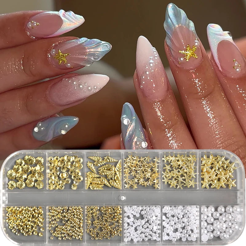 3D Gold Starfish Seashell Nail Art Charms & Beads for Summer Manicure