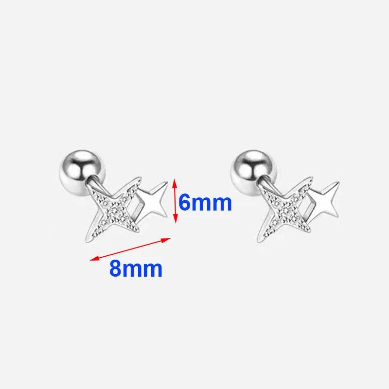 925 Silver Zircon Star Bead Screw Stud Earrings for Women Party Jewelry