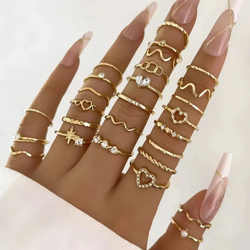 23-Piece Women's Zircon Wave Ring Set - Multi-Element Design for Daily Wear