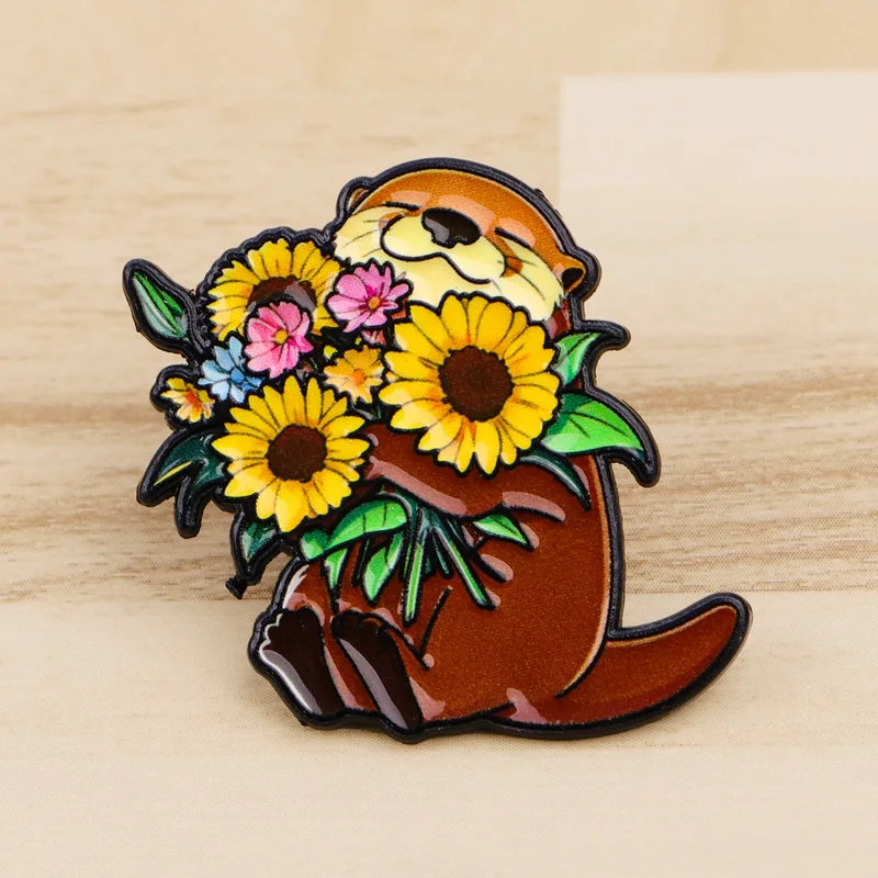 Cute Sunflower Otter Enamel Lapel Pin Jewelry Accessories Gift for Friends