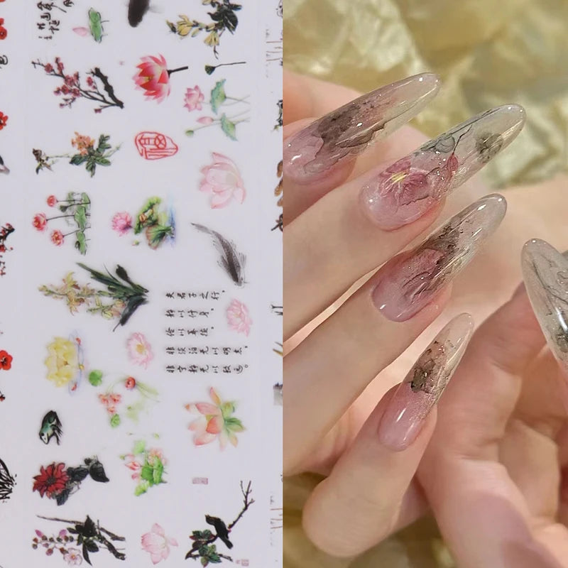 Nail Foils 10pcs Chinese Character Crane Bamboo Flower Plum Design, Transfer Stickers for Nail Art