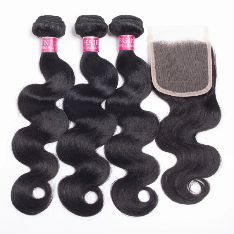 Brazilian Virgin Hair Bundles with Lace Closure - Remy Human Hair Body Wave 3/4 Set
